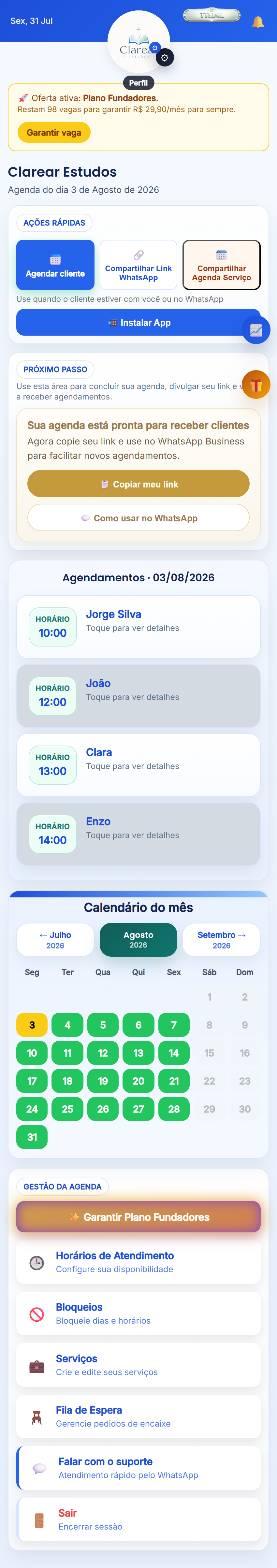 Agenda do dia da Clarear Estudos no Marcar Hora