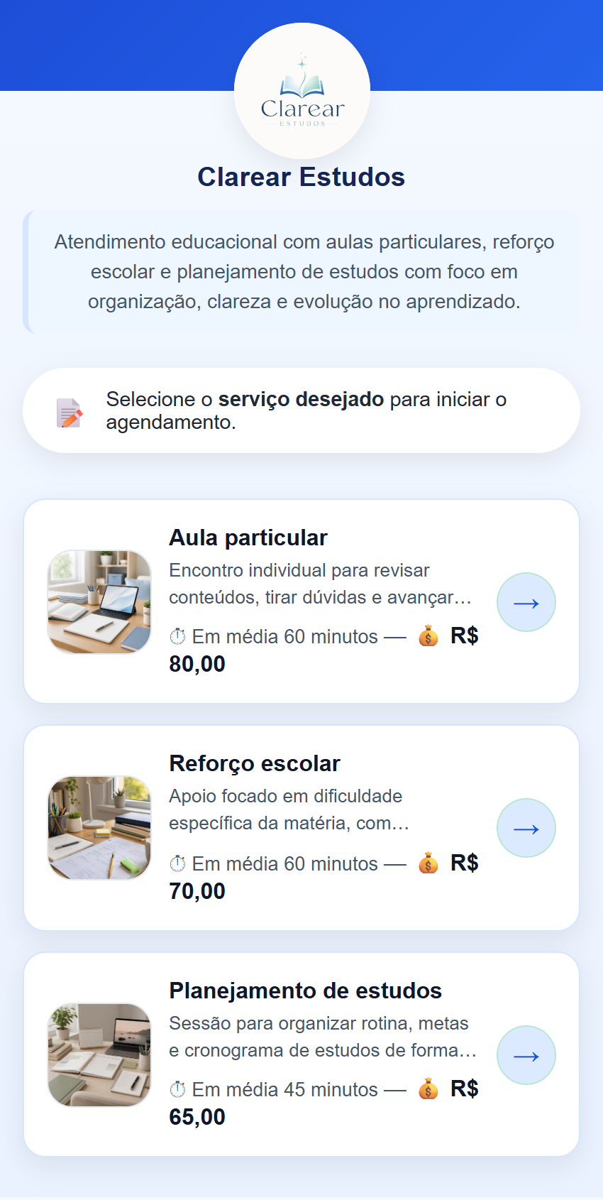Tela de escolha do serviço na landing de educação