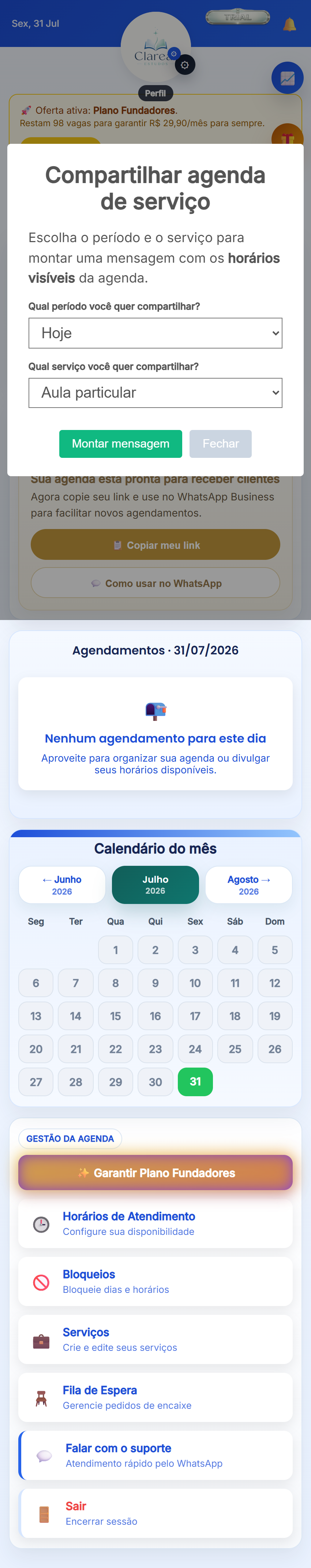 Tela de compartilhar agenda de serviço no Marcar Hora