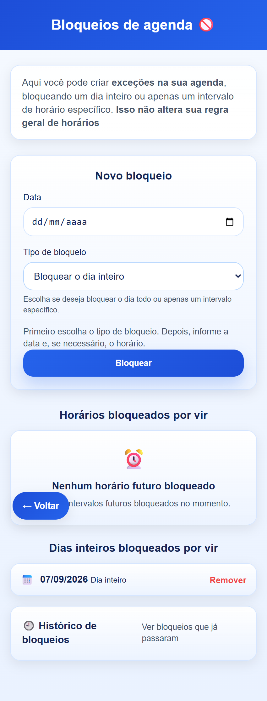 Tela de configuração de bloqueios no Marcar Hora
