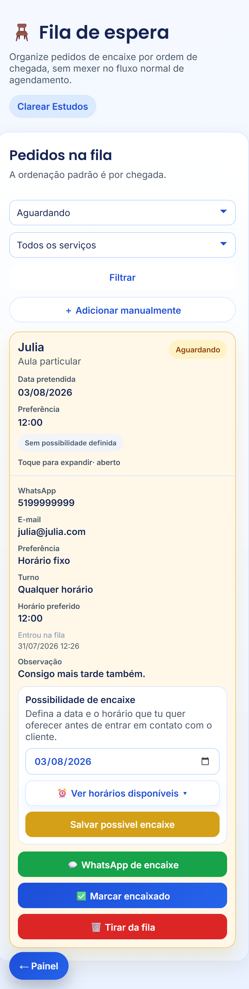 Fila de espera e encaixe no Marcar Hora