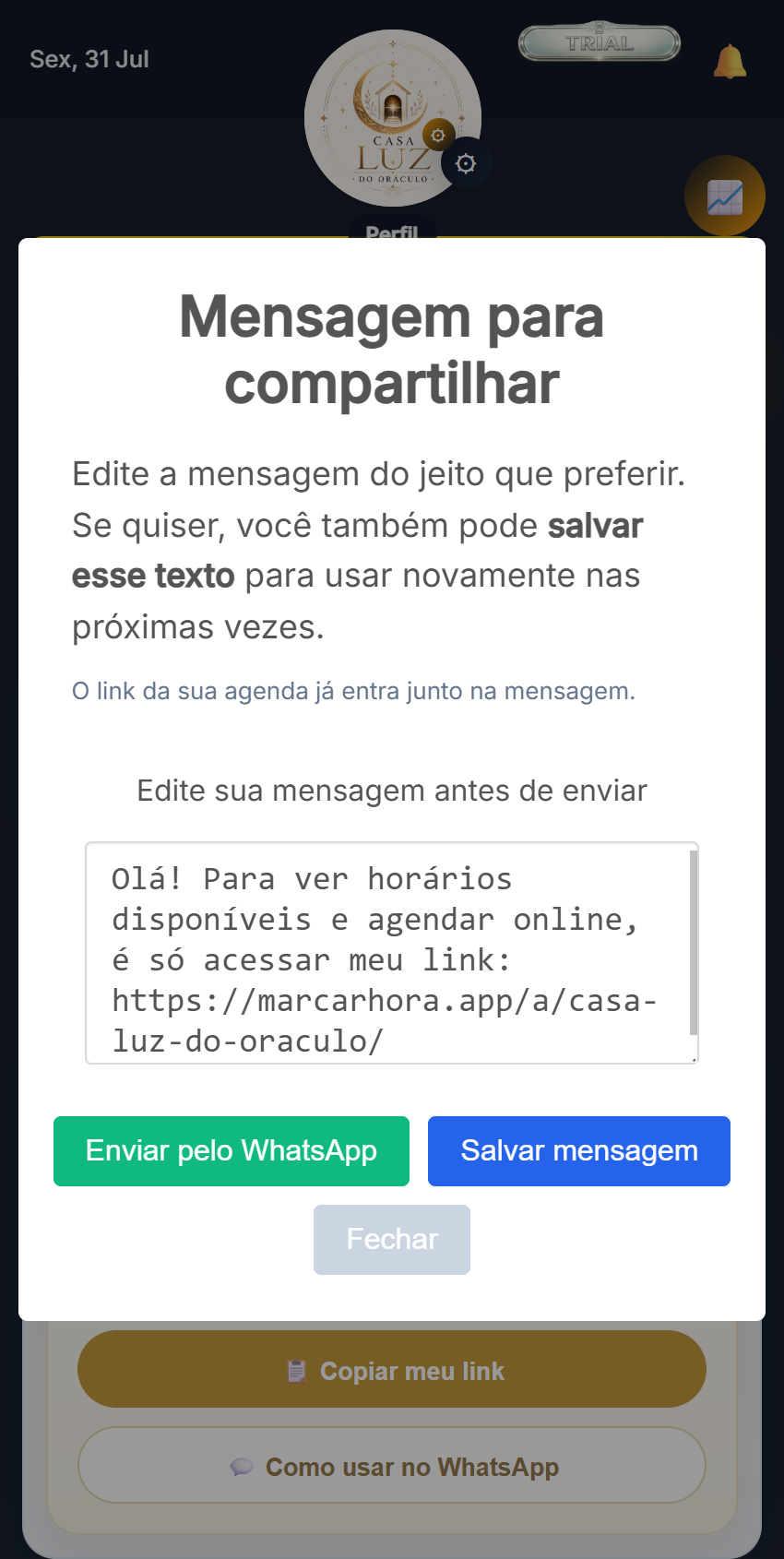 Tela de compartilhamento de link