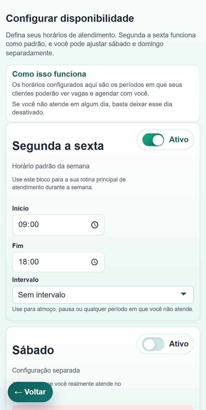 Tela de configuração de disponibilidade no Marcar Hora