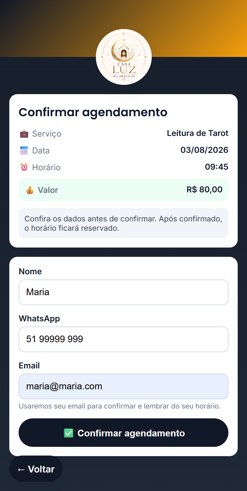 Confirmação de agendamento na landing de espiritualidade