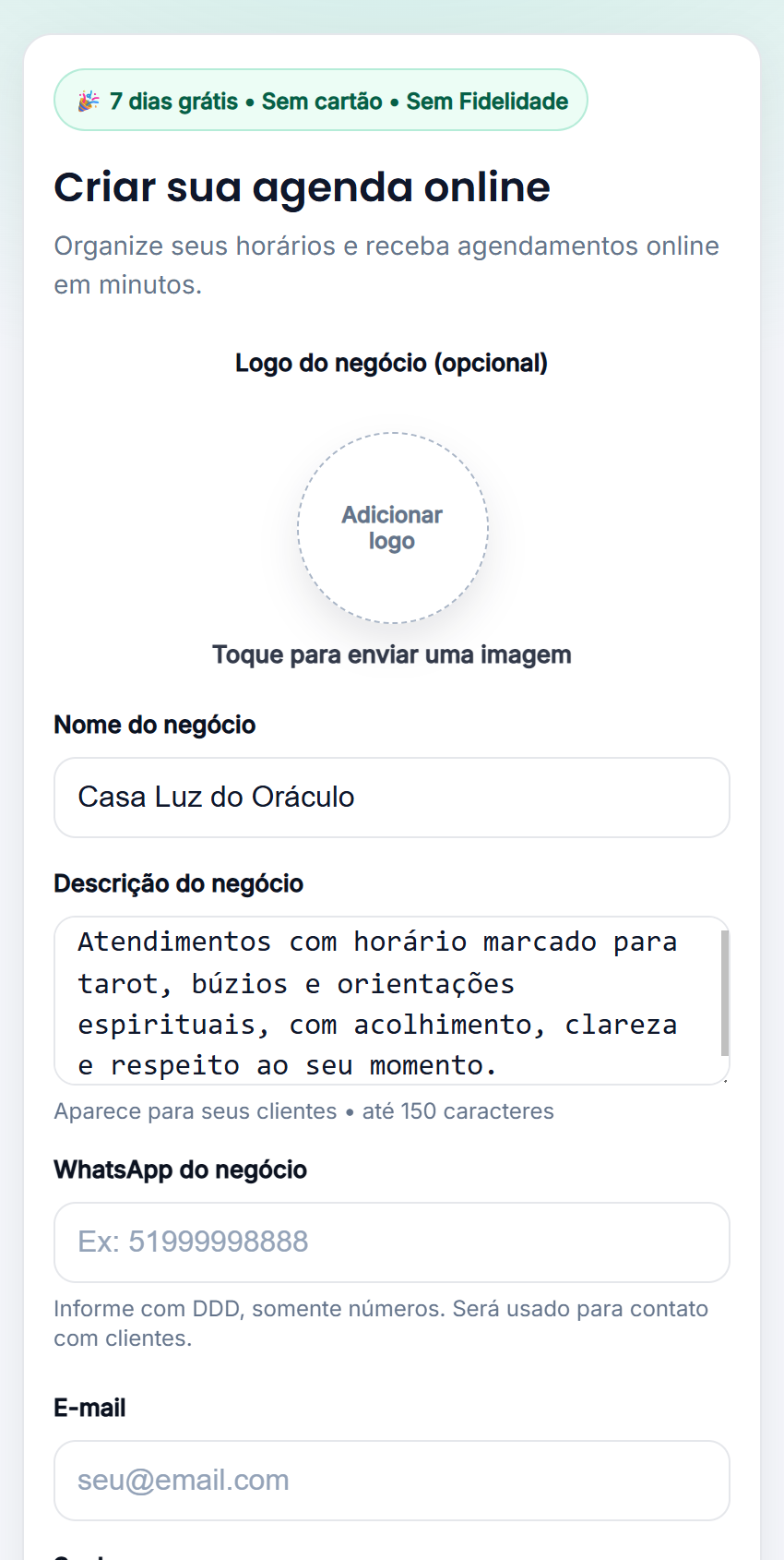 Criação da agenda no Marcar Hora