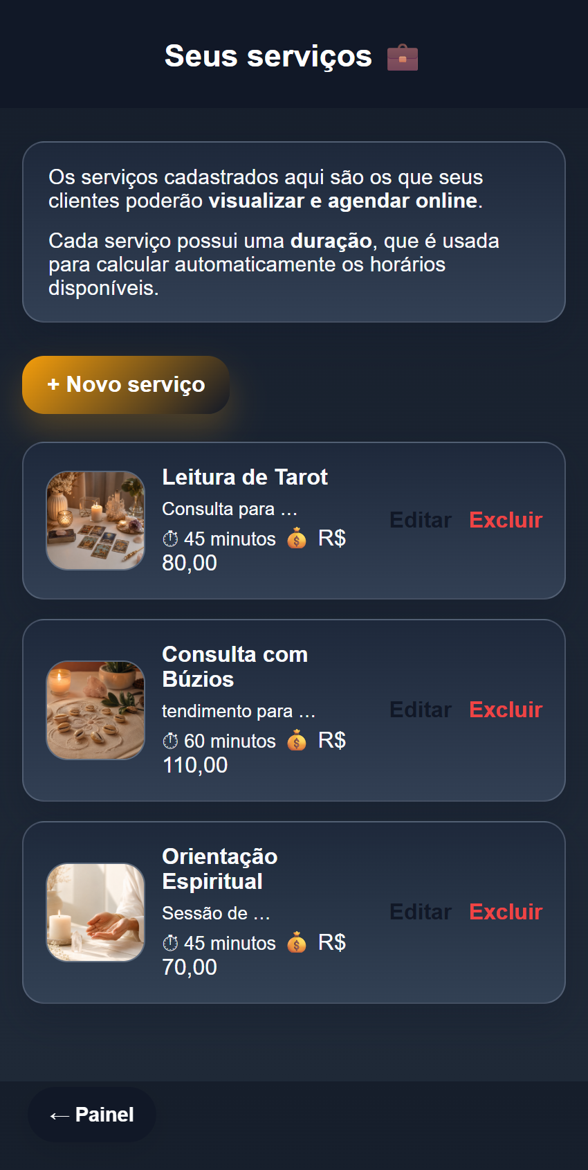 Tela de serviços no Marcar Hora