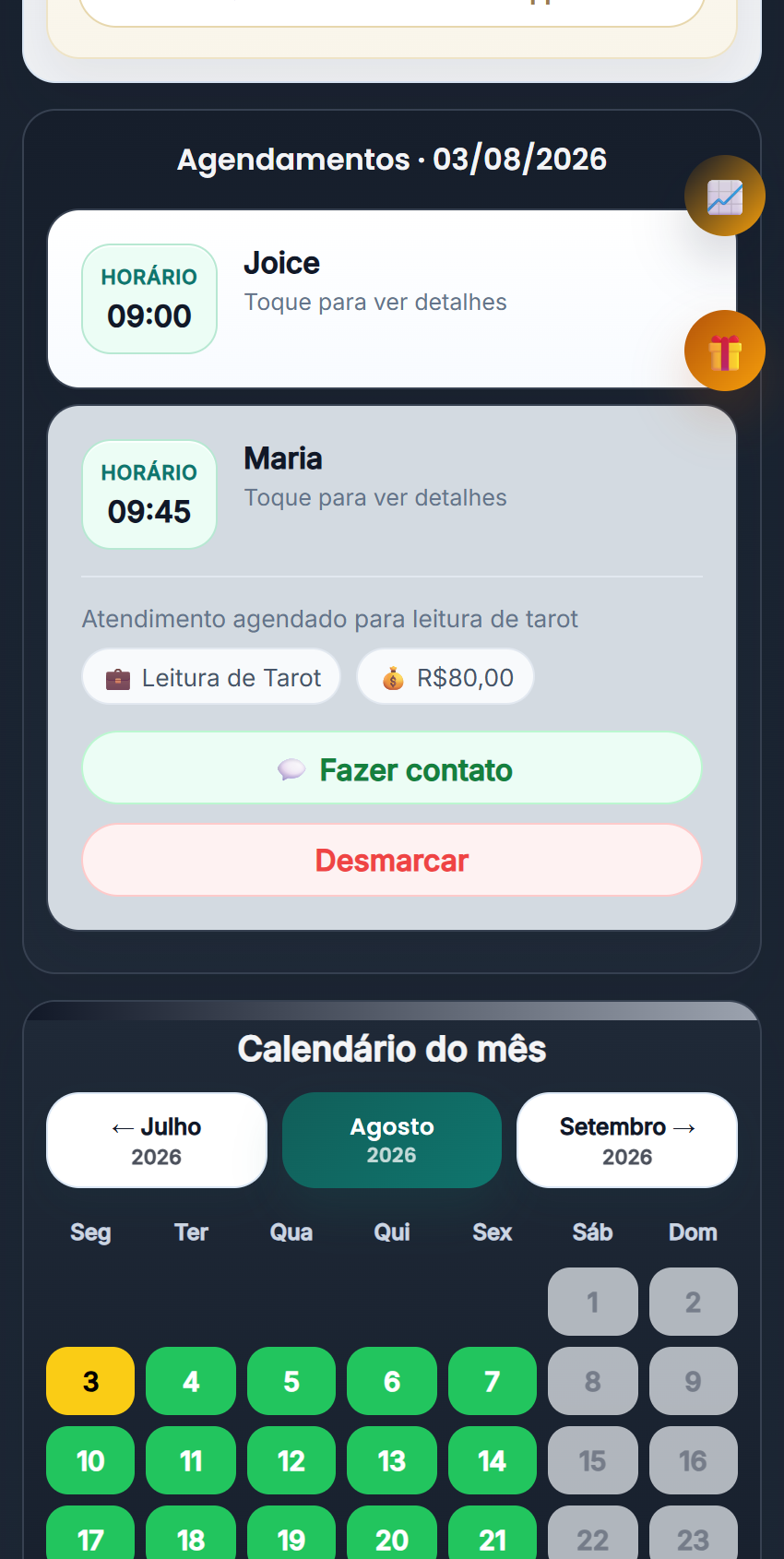 Agenda do dia no painel