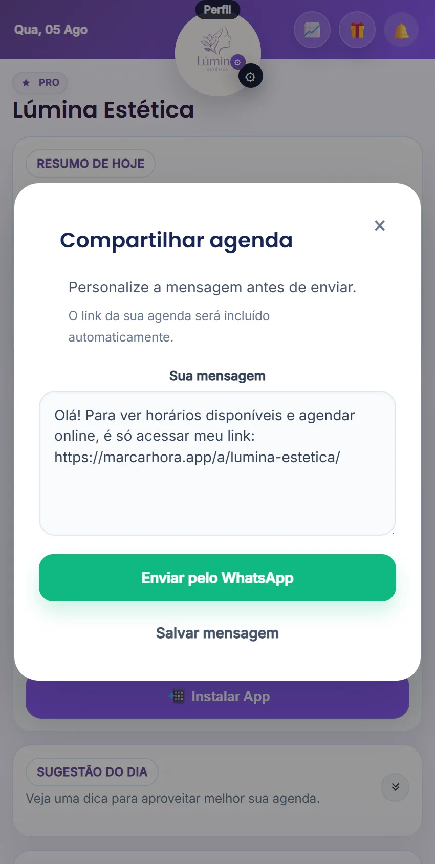 Compartilhamento de link no Marcar Hora