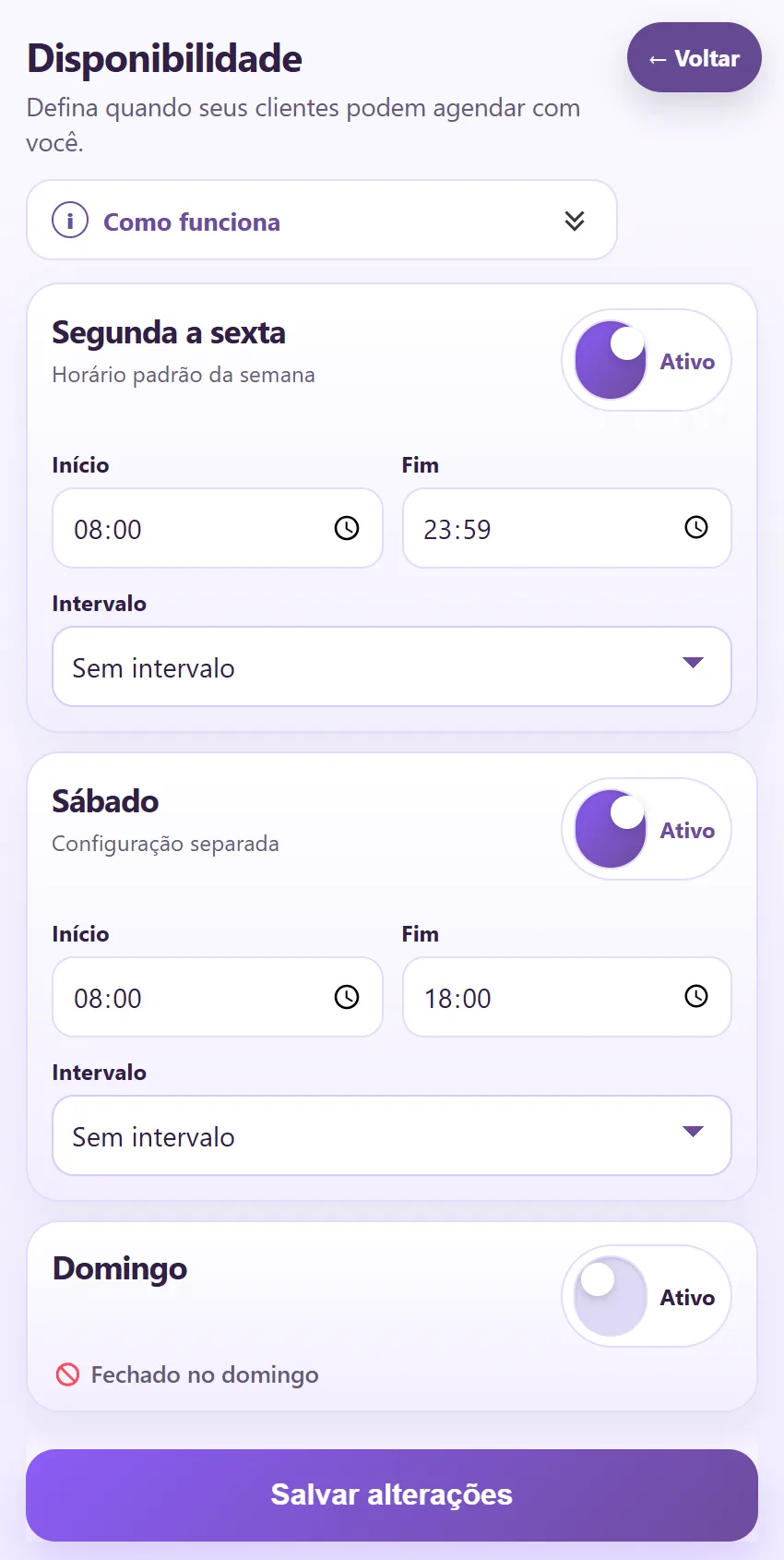 Configuração de disponibilidade no Marcar Hora