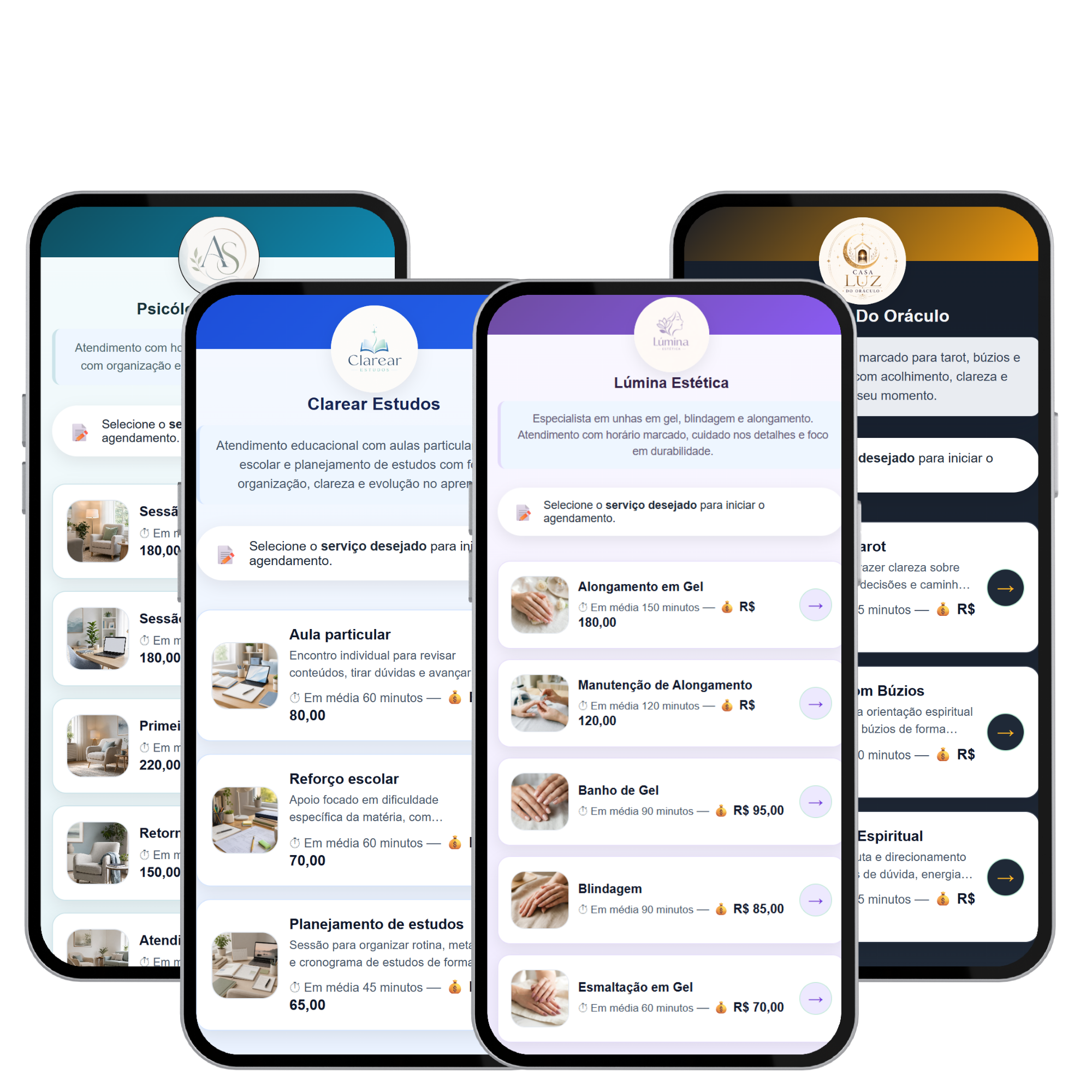 Mockup do Marcar Hora com agendas de beleza, saúde, educação e espiritualidade