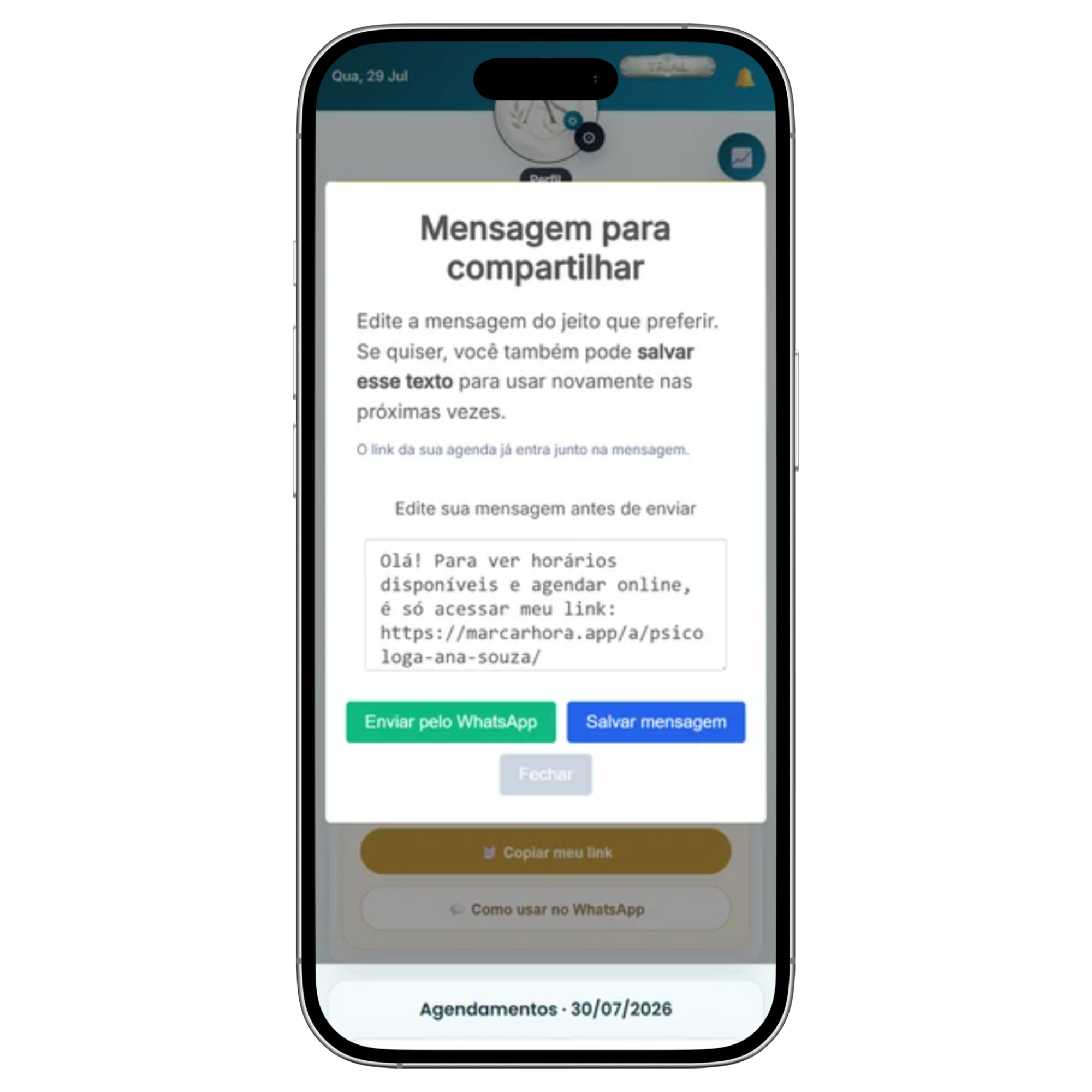 Compartilhamento do link de agendamento no Marcar Hora