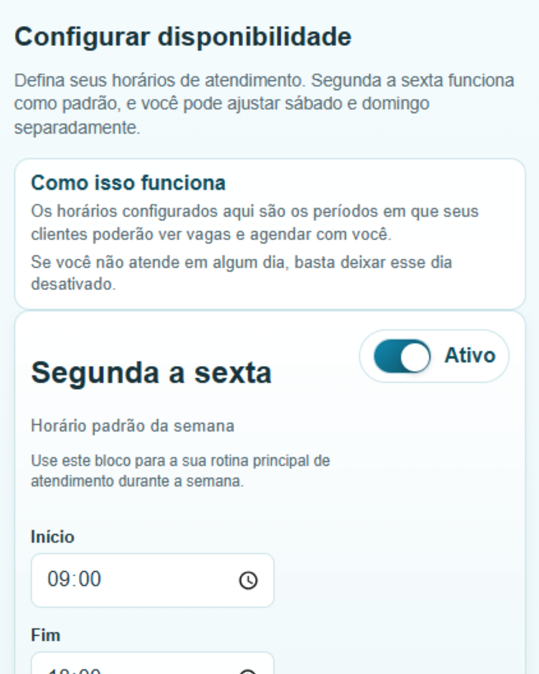Configuração de disponibilidade no Marcar Hora