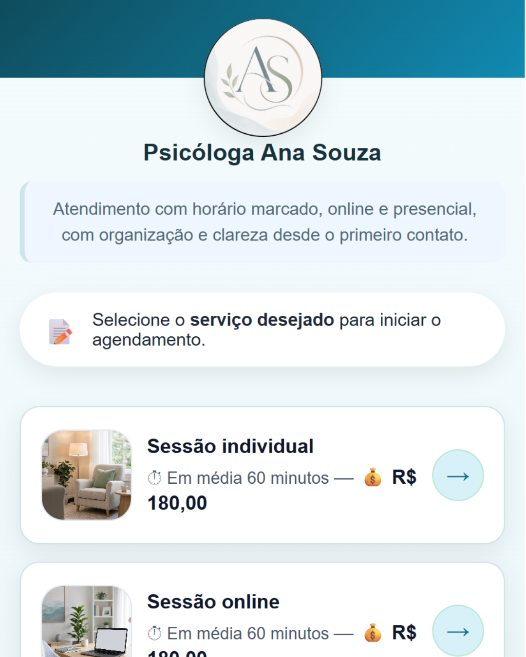 Tela de escolha da sessão no Marcar Hora