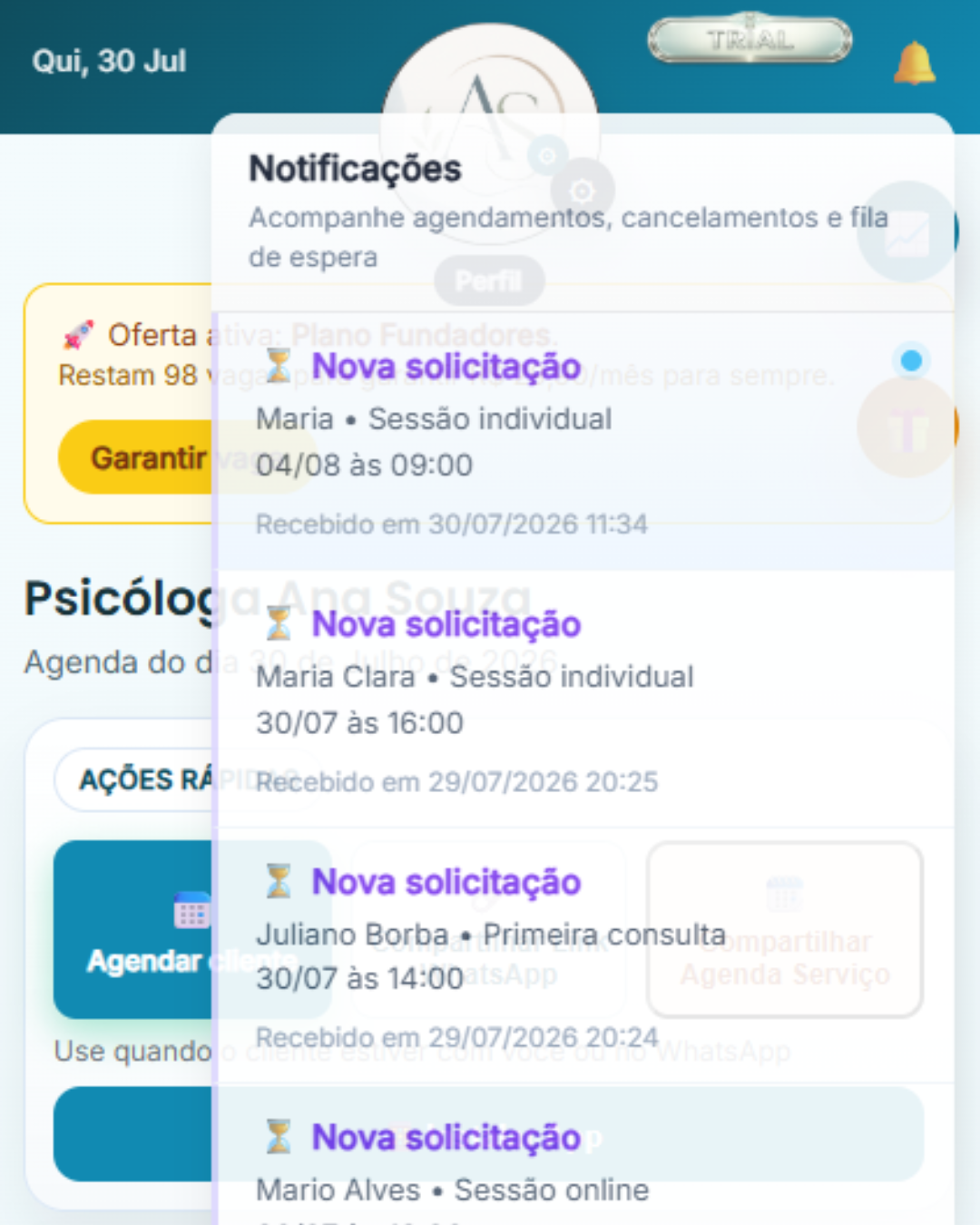 Notificações de agendamento no Marcar Hora
